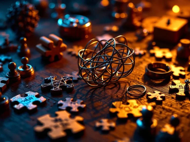 Verschillende metalen en houten hersenkrakers en puzzels op donkere houten tafel met warme dramatische verlichting