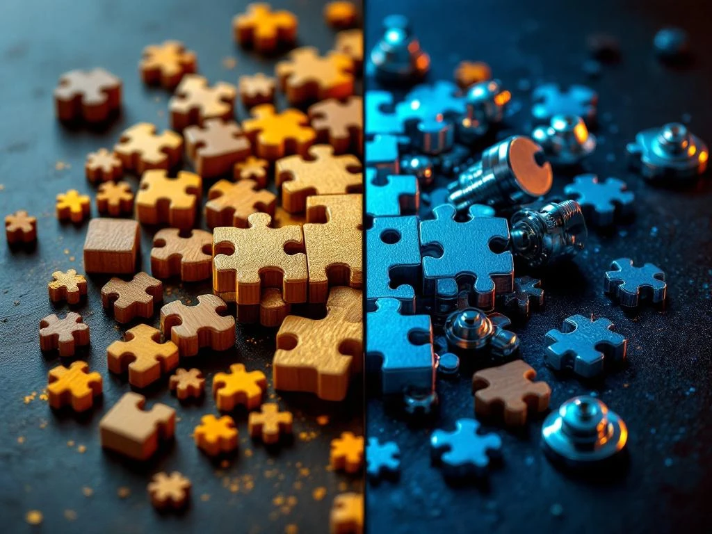Wooden and metal brain teaser puzzles in split-screen with warm golden and cool blue dramatic lighting on dark surface.