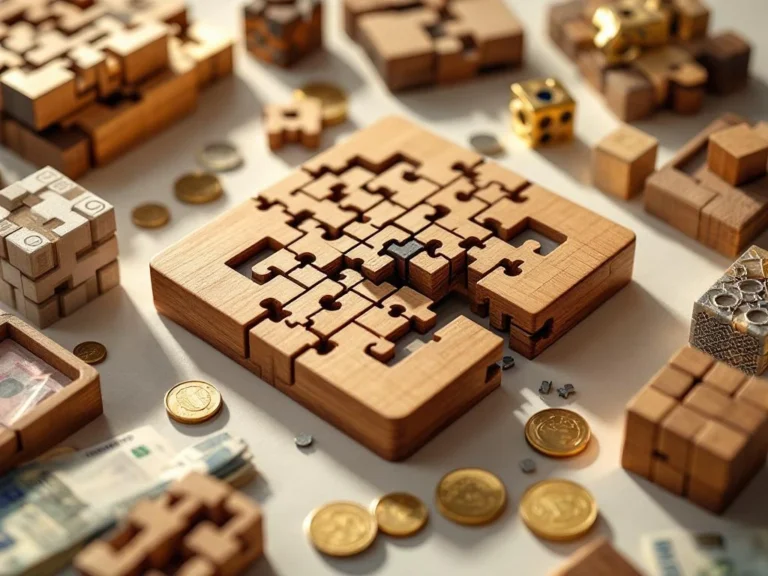 Houten breinbrekers en puzzels gedeeltelijk opgelost op witte ondergrond met euro munten, warme verlichting toont vakmanschap