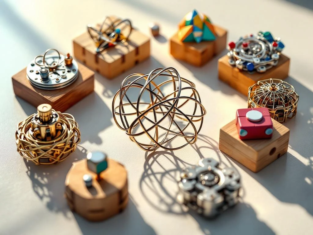Eight diverse brain teasers and mechanical puzzles arranged in circular formation with metallic wire puzzle at center