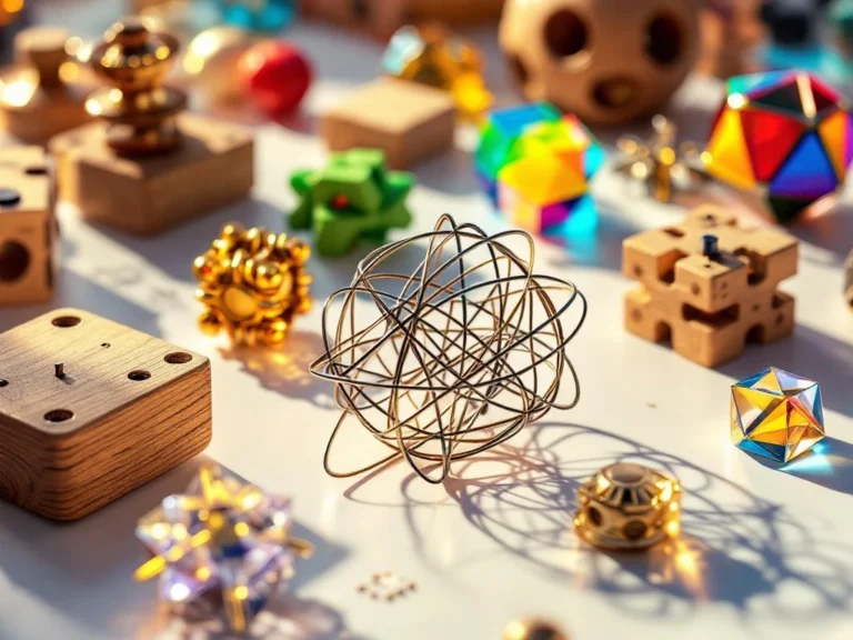 Assorted brain teasers and mechanical puzzles including metal wire, wooden burr, and geometric puzzles on white surface