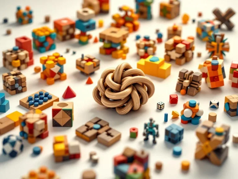 Colorful brain teaser puzzles and mechanical puzzles arranged on white surface with wooden burr puzzle centerpiece