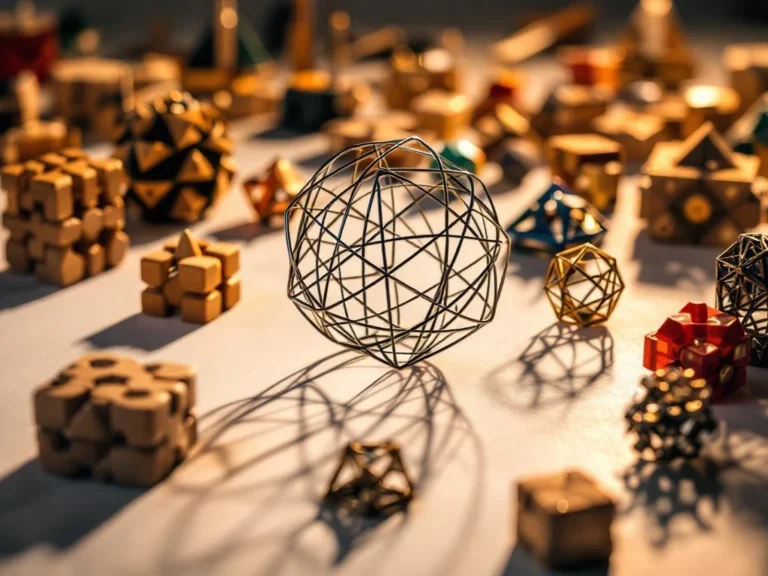 Diverse brain teasers and mechanical puzzles arranged on white surface, featuring metallic wire puzzle, wooden interlocking pieces, and colorful geometric designs with dramatic lighting.