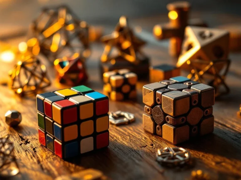 Close-up van hersenkrakers puzzels op houten oppervlak met gedeeltelijk opgeloste Rubik's kubus en metalen draadpuzzels.