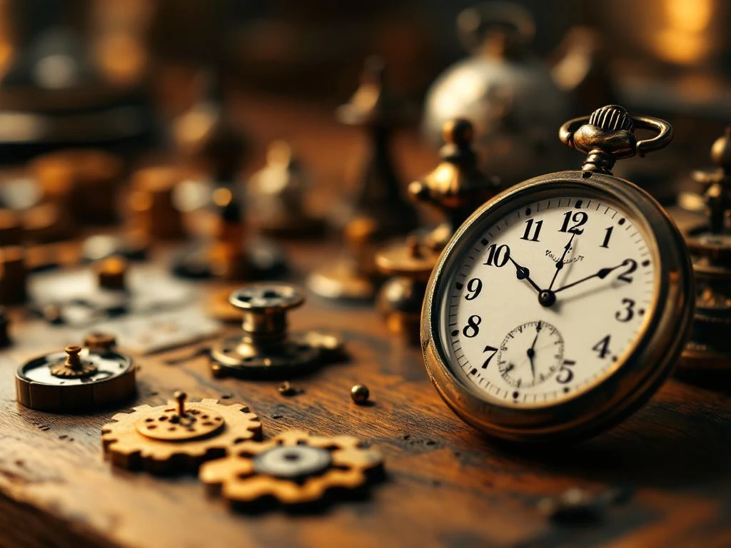 Vintage pocket watch and intricate mechanical brain teaser puzzles on wooden desk with warm dramatic lighting
