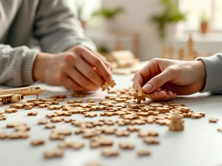 Hands assembling wooden 3D puzzle pieces on white surface with completed miniature airplane and building models in background