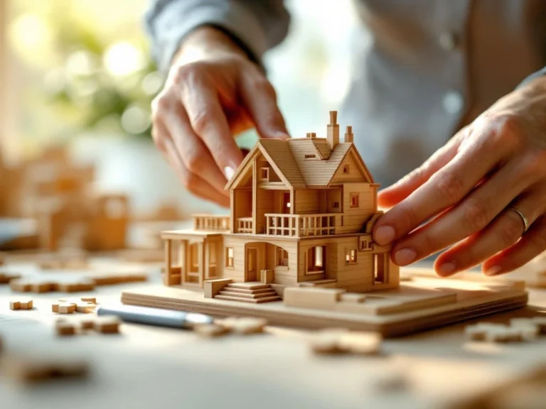 Hands placing wooden puzzle piece onto architectural model with warm lighting and scattered pieces on workspace