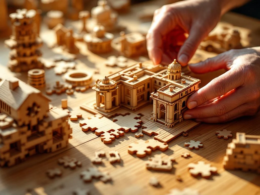 Hands assembling wooden 3D architectural puzzle with interlocking pieces on wooden table, various difficulty levels visible