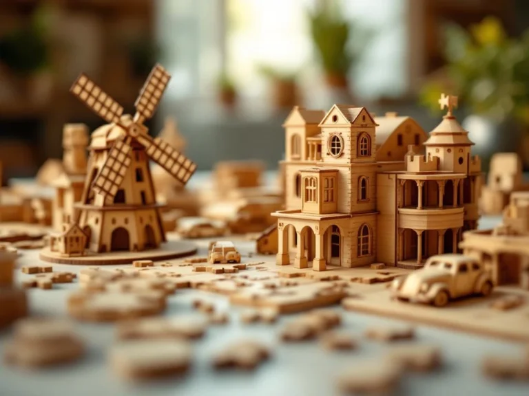 Wooden 3D puzzle pieces being assembled into architectural models including windmill and vintage car on work surface
