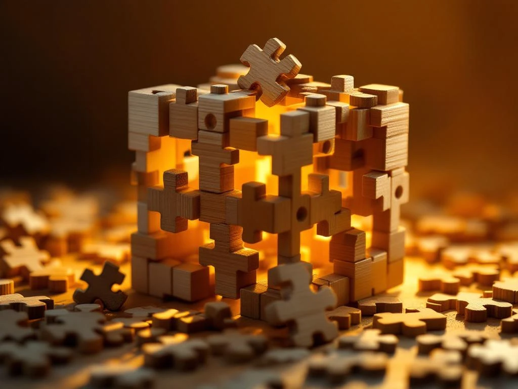 Partially assembled wooden 3D puzzle with interlocking geometric pieces, warm golden lighting, and scattered components