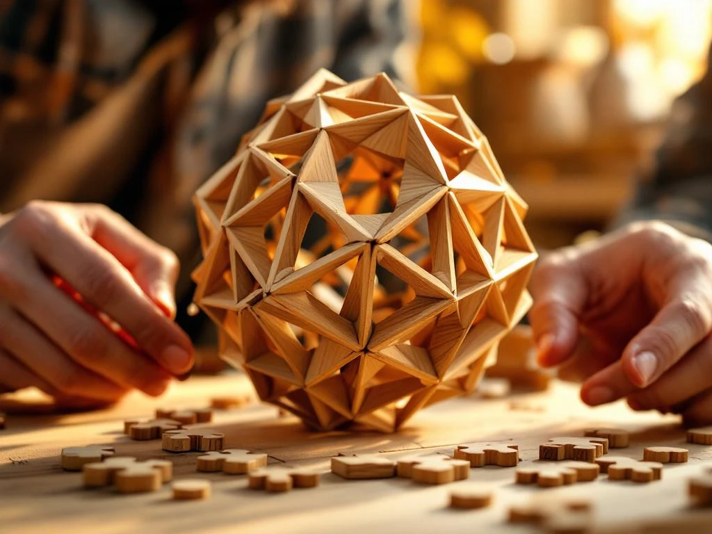 Wooden 3D puzzle being assembled with hands placing interlocking pieces, scattered parts on workshop table