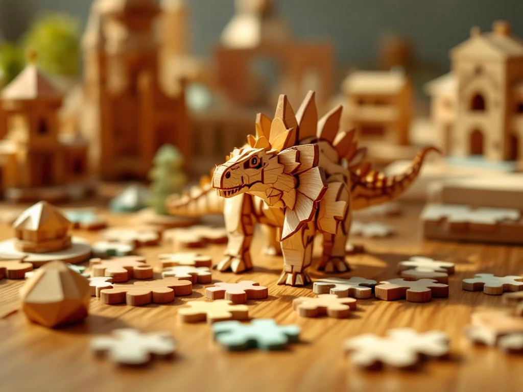 Wooden dinosaur puzzle model surrounded by colorful 3D puzzle pieces on wooden surface with natural lighting