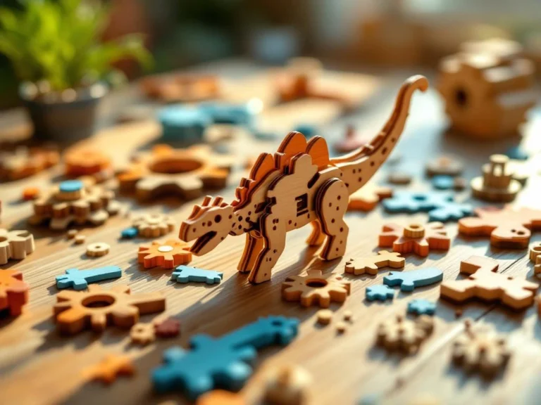 Wooden dinosaur puzzle partially assembled on table with colorful 3D puzzle pieces and gears scattered around