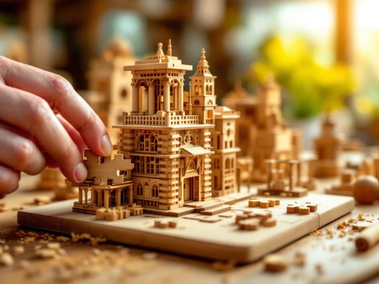 Hands placing wooden puzzle piece into 3D puzzle with completed wooden models and crafting tools on workspace