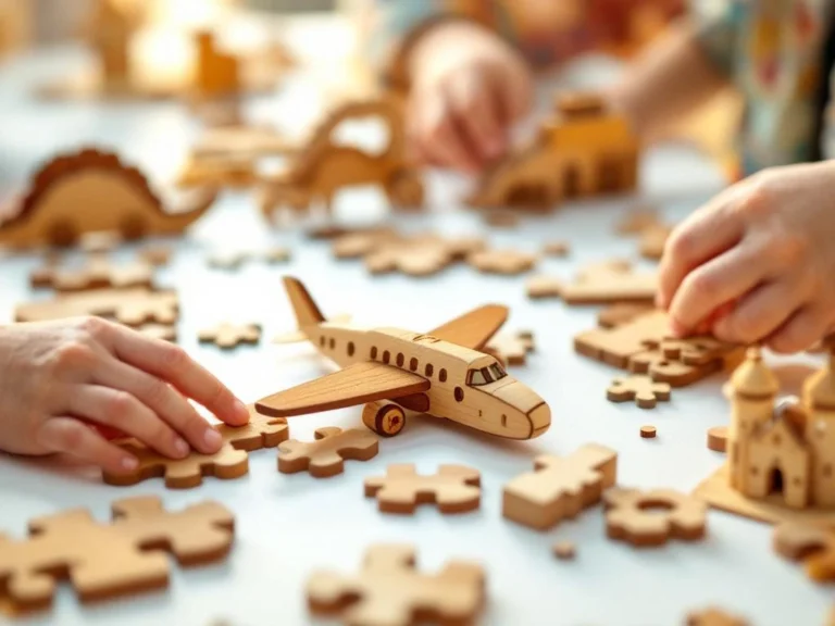 Children's hands assembling colorful wooden 3D puzzle pieces with dinosaur, airplane, and castle models on white surface