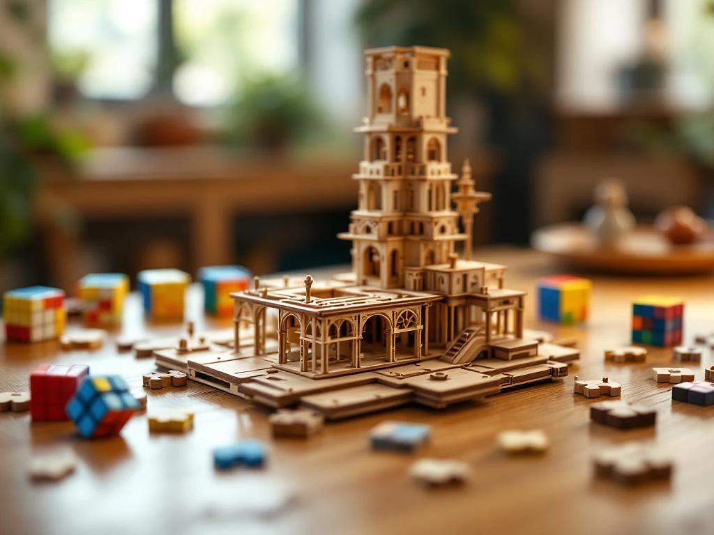 Partially assembled wooden 3D puzzle on oak table with scattered pieces, showing detailed craftsmanship and wood grain