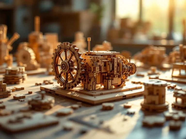 Wooden 3D puzzle partially assembled on workshop table with scattered pieces, gears visible, warm lighting highlights wood grain