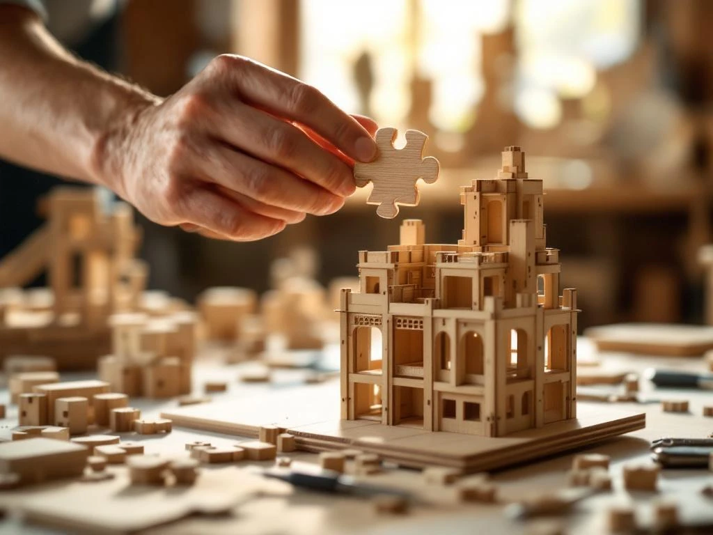 Hands holding misaligned wooden puzzle piece above partially assembled architectural model on workbench with tools