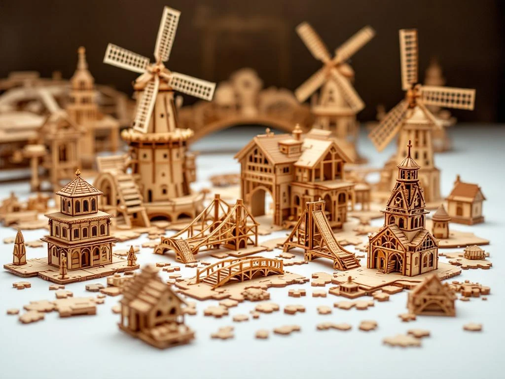 Wooden 3D puzzle pieces and completed architectural models including windmills and bridges on white surface