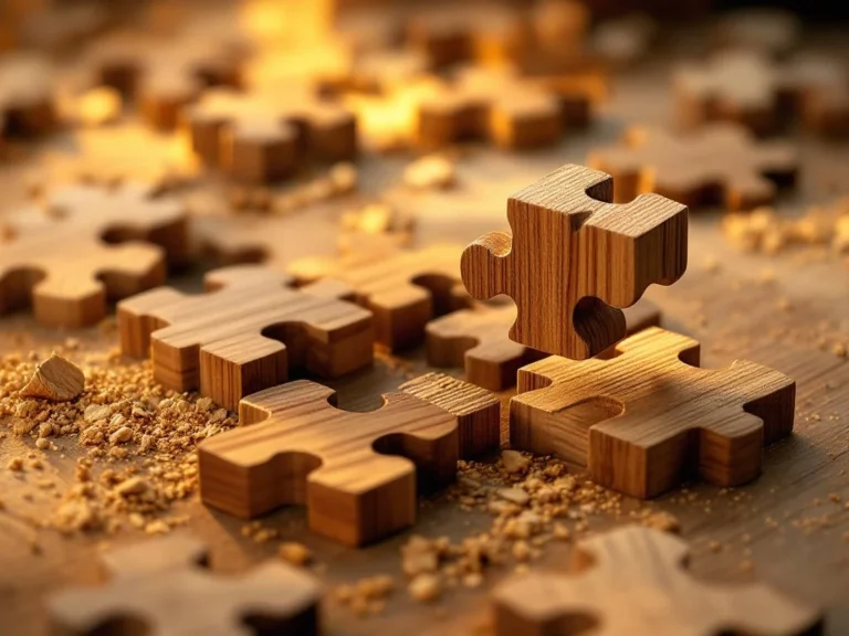 Wooden 3D puzzle pieces with natural grain being assembled, showing interlocking joints and craftsmanship details