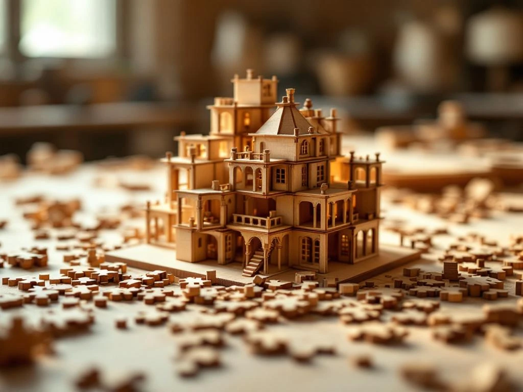 Wooden 3D puzzle pieces falling during assembly of architectural model on workshop table with dramatic lighting