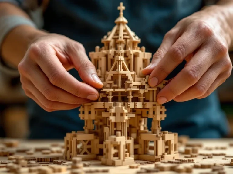 Hands placing final piece into wooden 3D puzzle with dovetail joints in warm-lit workshop setting