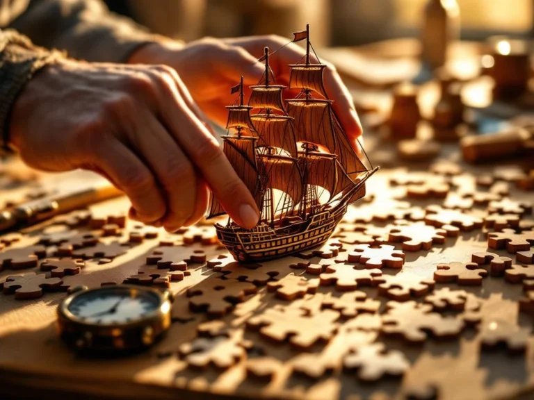 Hands placing final piece into wooden 3D sailing ship puzzle with warm lighting, stopwatch, and scattered pieces nearby.
