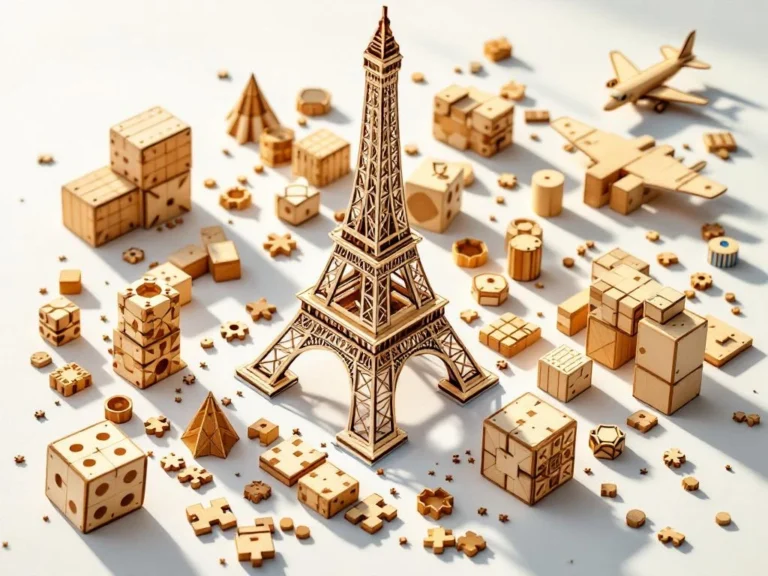 Wooden Eiffel Tower puzzle surrounded by beginner 3D wooden brain teasers and building blocks on white surface
