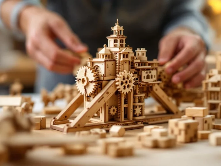 Hands assembling wooden 3D puzzle pieces with visible gears, surrounded by beginner-friendly wooden puzzles and blocks
