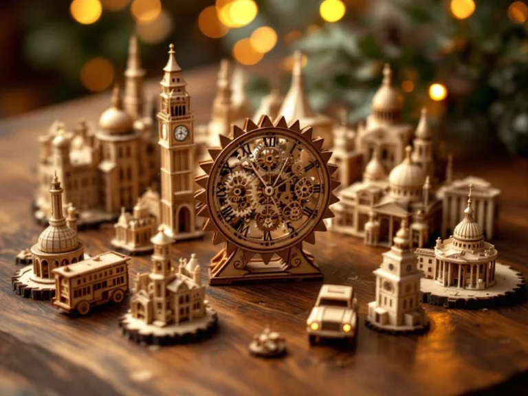 Ten premium wooden 3D puzzles arranged in spiral on walnut surface, featuring mechanical clock centerpiece and detailed craftsmanship
