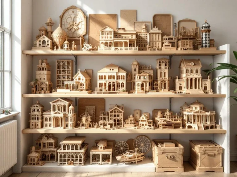 Wooden 3D puzzles and architectural models organized in clear storage cases on white shelving with natural lighting.