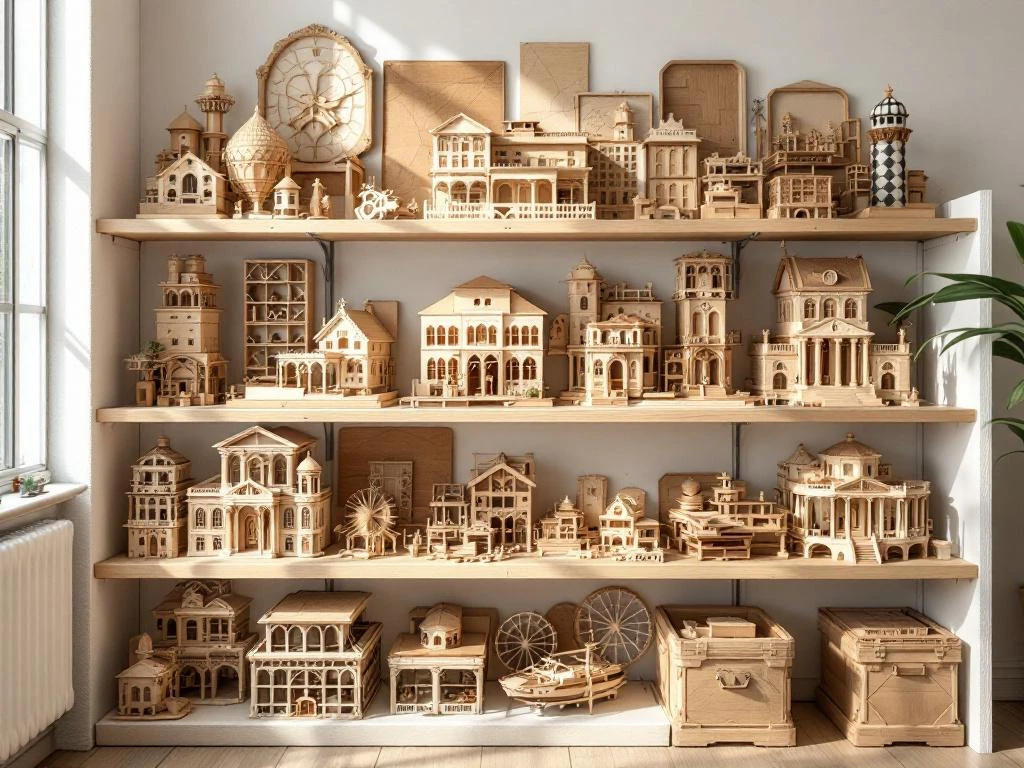 Wooden 3D puzzles and architectural models organized in clear storage cases on white shelving with natural lighting.