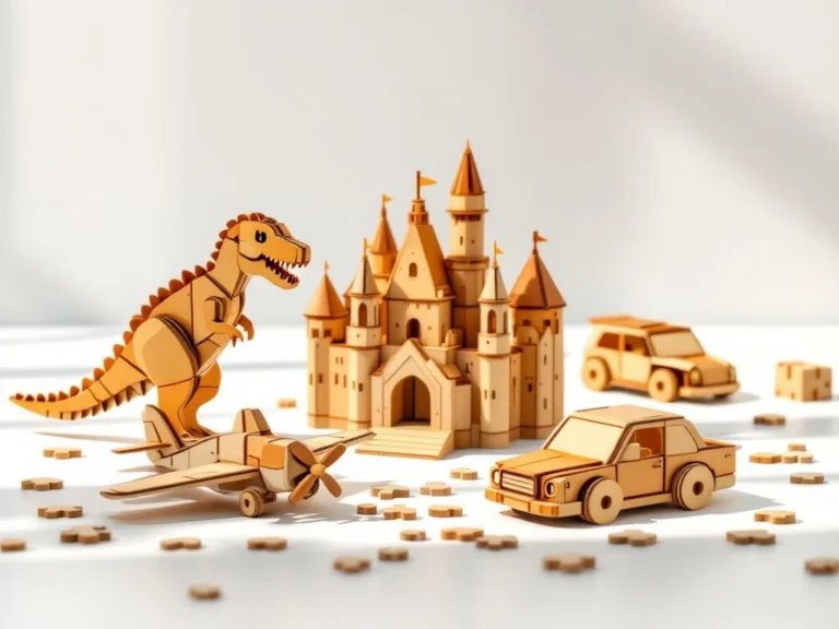 Five colorful wooden 3D puzzle models including dinosaur, castle, airplane, car and animal displayed on white surface with scattered pieces