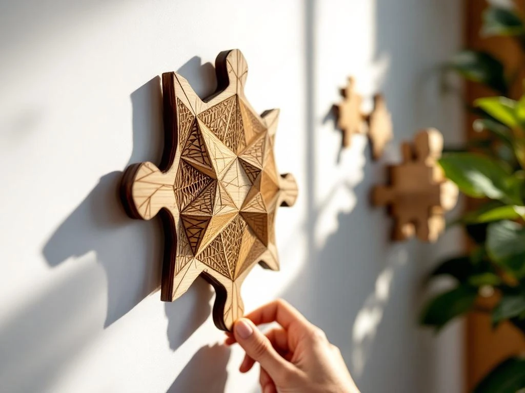 Wooden 3D puzzle piece being positioned against white wall with mounting hardware, showing laser-cut details and wood grain.