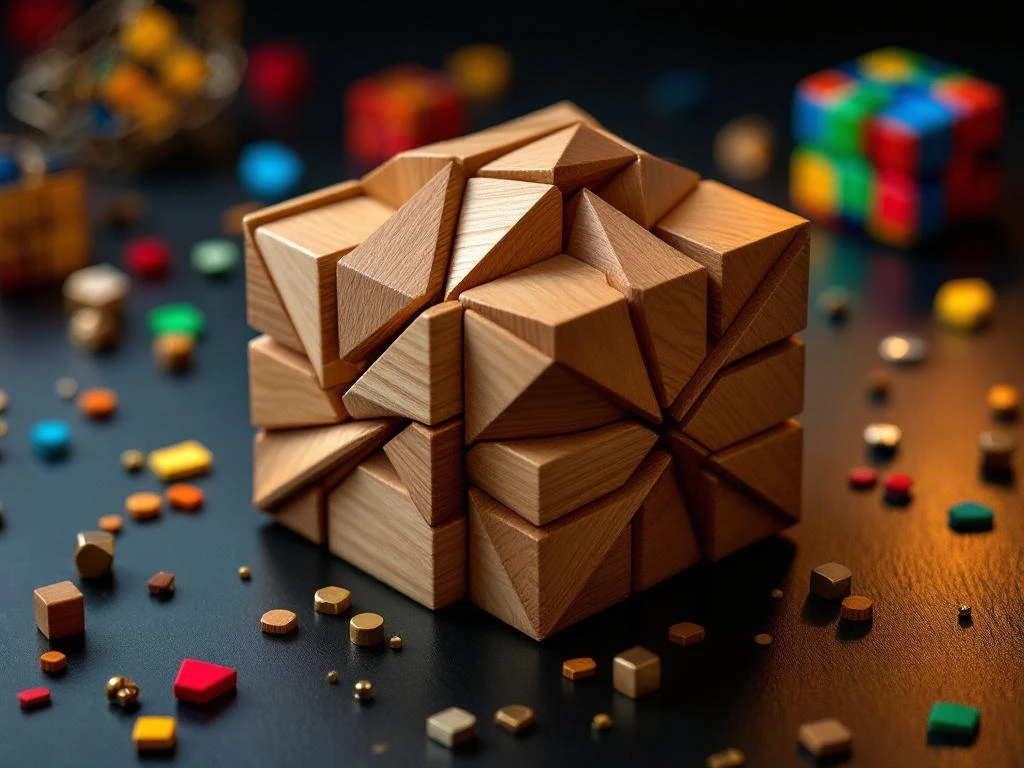 Wooden brain teaser puzzle partially solved on dark surface with scattered metal wire puzzles and colorful cube pieces