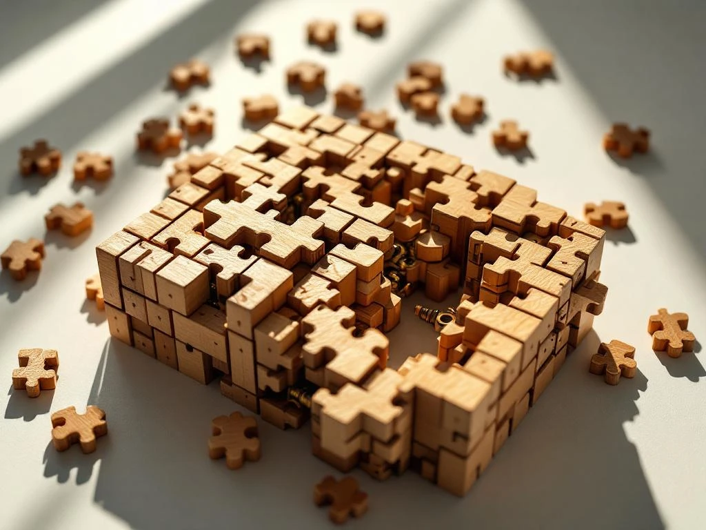 Wooden brainteaser puzzle with interlocking geometric pieces partially disassembled on white surface with dramatic lighting
