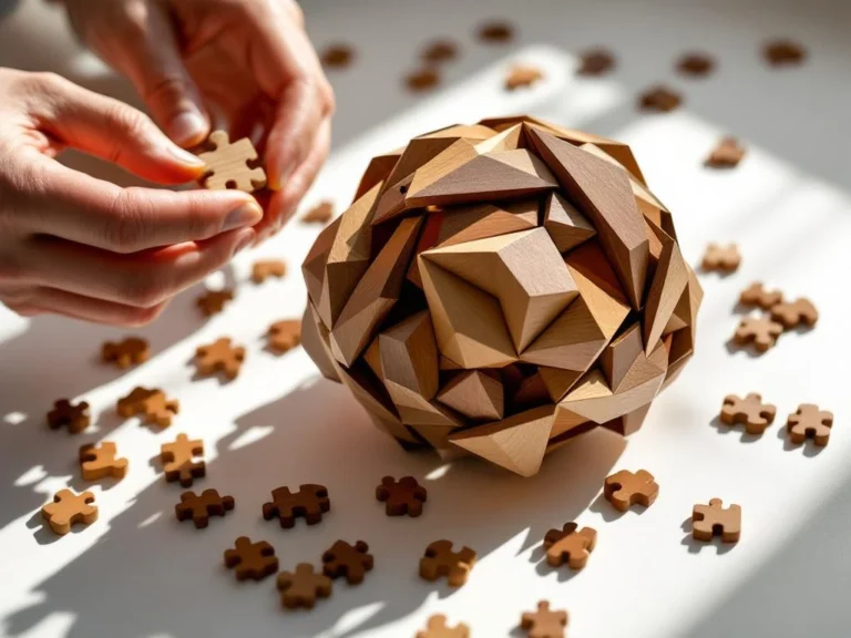 Wooden brain teaser puzzle with interlocking geometric pieces in mahogany and maple on white surface with hands positioning piece