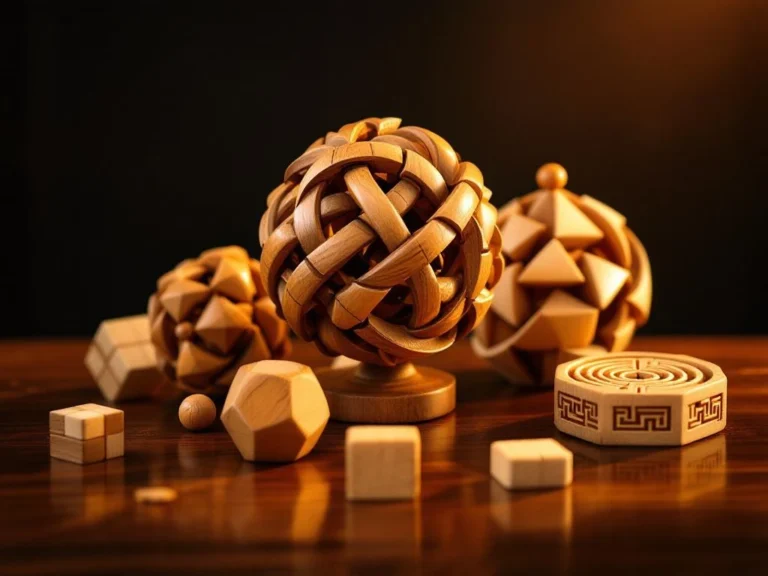 Five wooden brain teaser puzzles on mahogany surface with warm lighting, featuring burr puzzle, snake cube, and maze