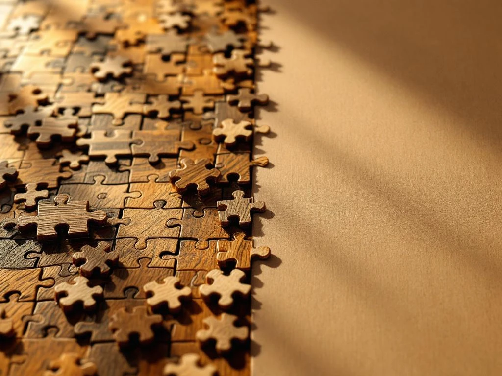 Split-screen comparison of wooden jigsaw puzzle with rich grain texture versus smooth cardboard puzzle with scattered pieces
