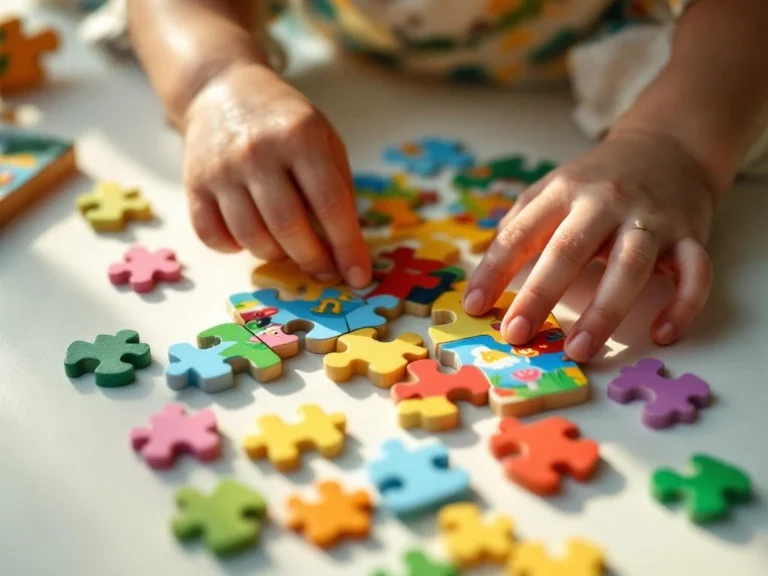 Child's hands reaching for colorful wooden jigsaw puzzle pieces on white surface, 24-piece educational toy for kids