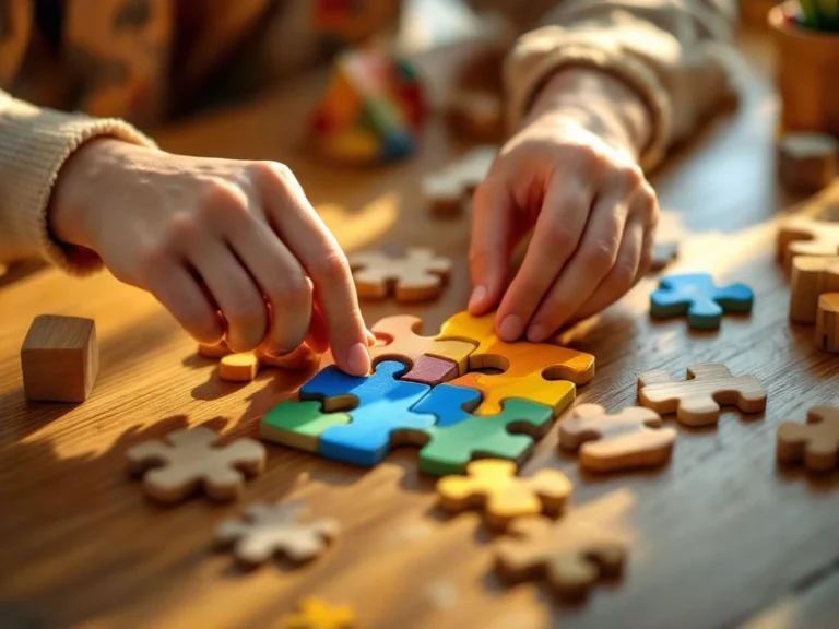 Small hands placing final piece into colorful wooden jigsaw puzzle on oak table with natural lighting and scattered pieces.