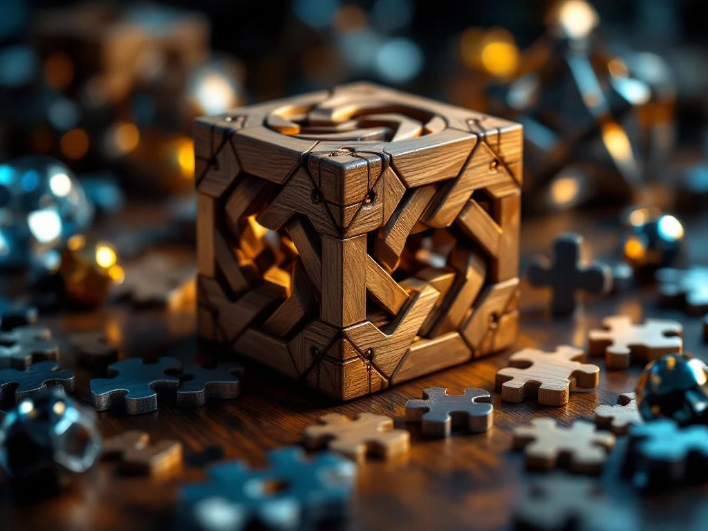 Wooden puzzle cube with interlocking pieces surrounded by metal brain teasers and mechanical puzzle boxes on dark surface