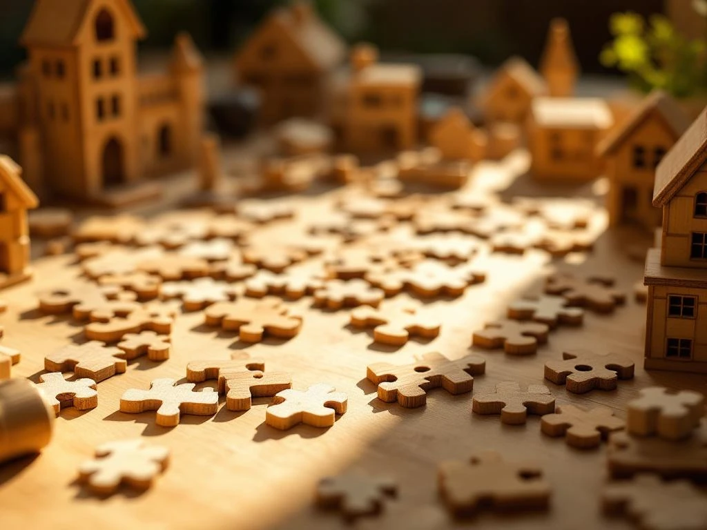 Scattered wooden puzzle pieces and partially assembled 3D models on craft table with some pieces incorrectly placed