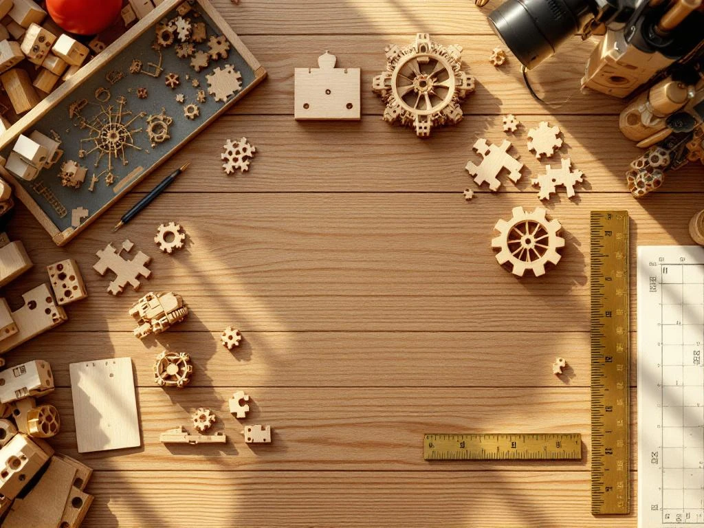 Wooden puzzle pieces and building kits scattered on desk with measuring tape and ruler, showing craftsmanship workspace