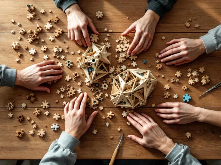 Multiple hands collaboratively assembling wooden 3D puzzle pieces on oak table with natural lighting and scattered tools