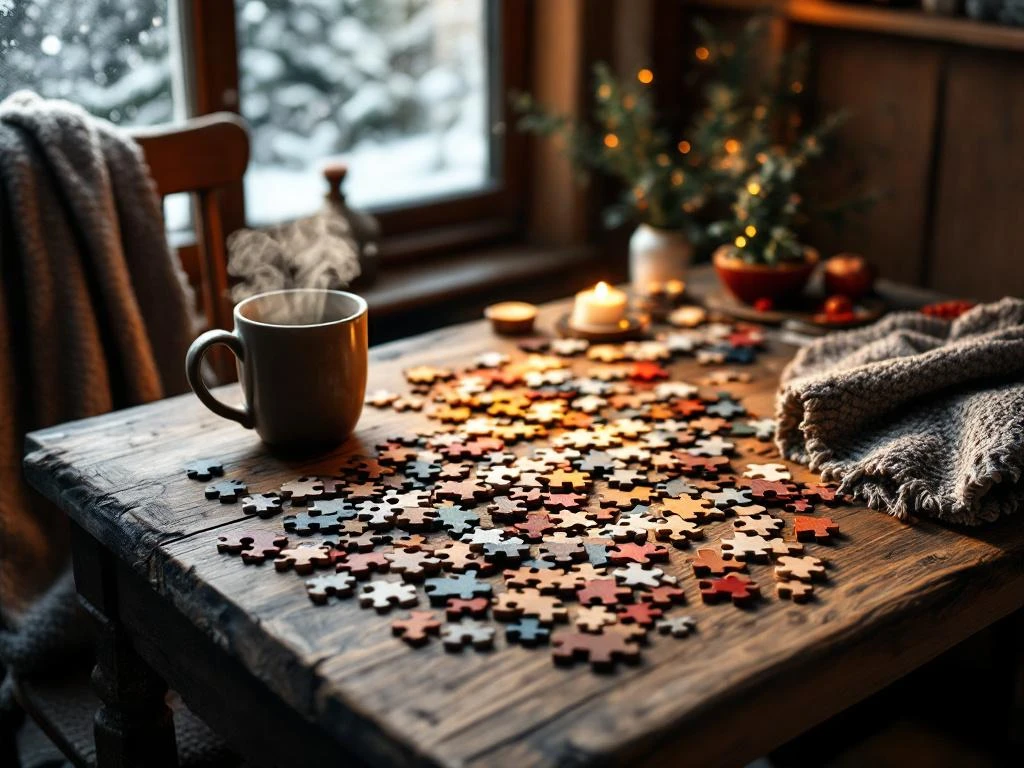 Wooden jigsaw puzzle on oak table with scattered pieces, warm lamp light, steaming mug, and snowy winter window view.