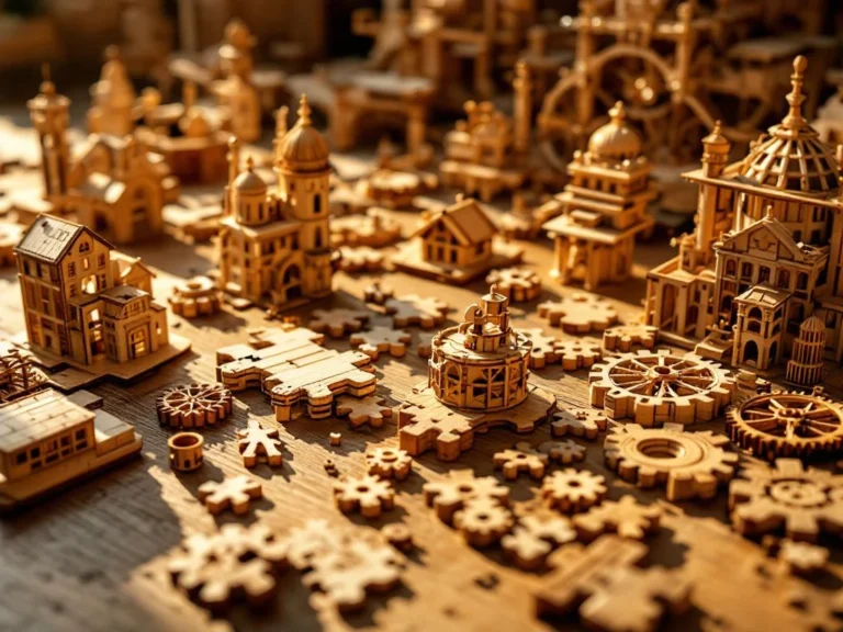 Wooden puzzle pieces and 3D models including buildings and gears on wood surface with dramatic lighting showing craftsmanship