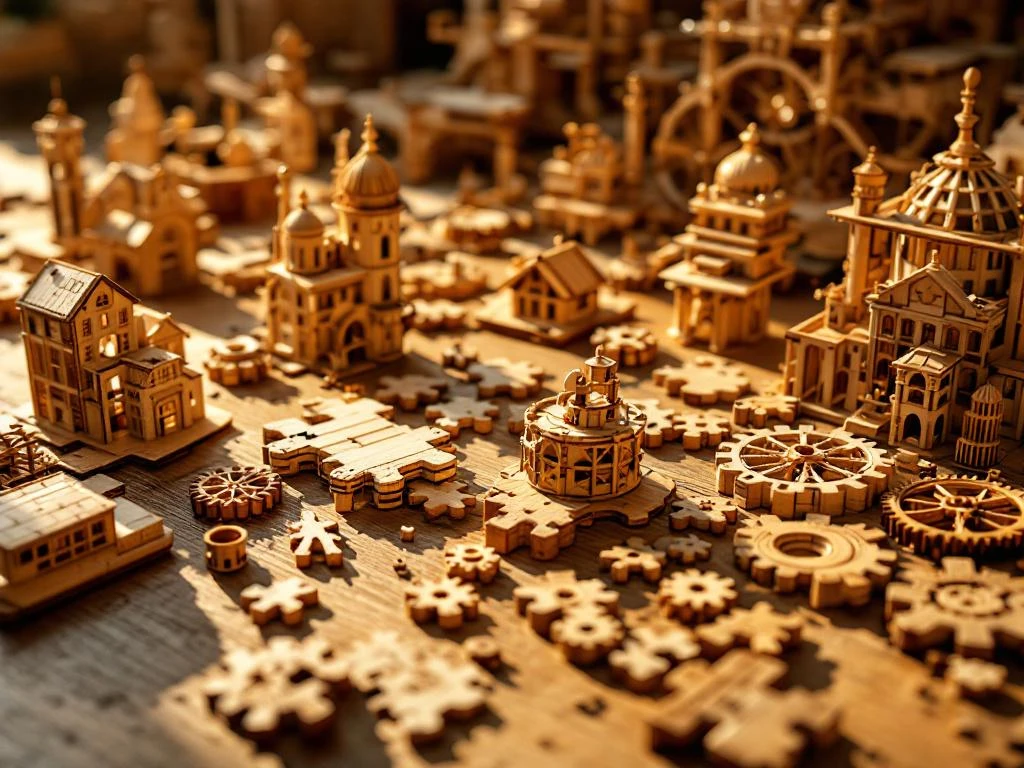 Wooden puzzle pieces and 3D models including buildings and gears on wood surface with dramatic lighting showing craftsmanship