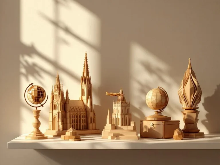 Seven handcrafted wooden 3D puzzles including globe, cathedral, and airplane displayed on minimalist shelf with warm lighting.