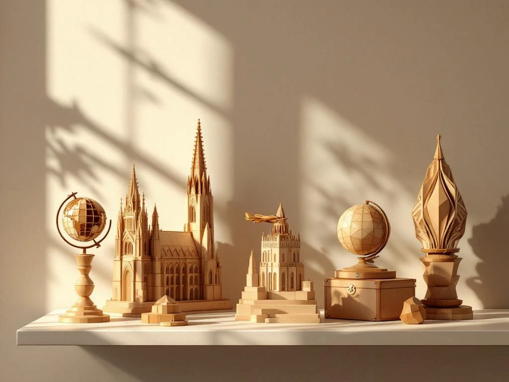 Seven handcrafted wooden 3D puzzles including globe, cathedral, and airplane displayed on minimalist shelf with warm lighting.